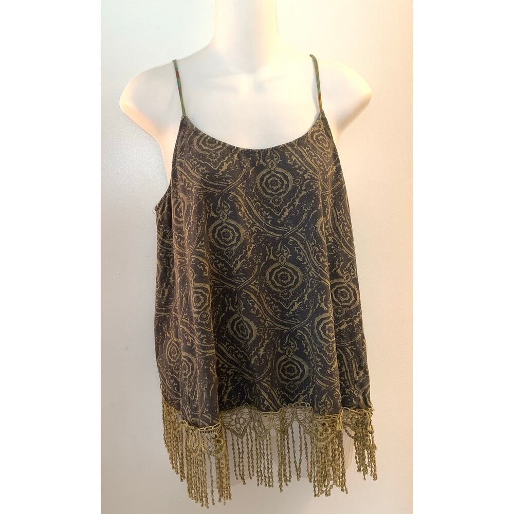 BKE Gimmicks Fringe Open Back Top Festival Medium Brown Boho Spaghetti Strap